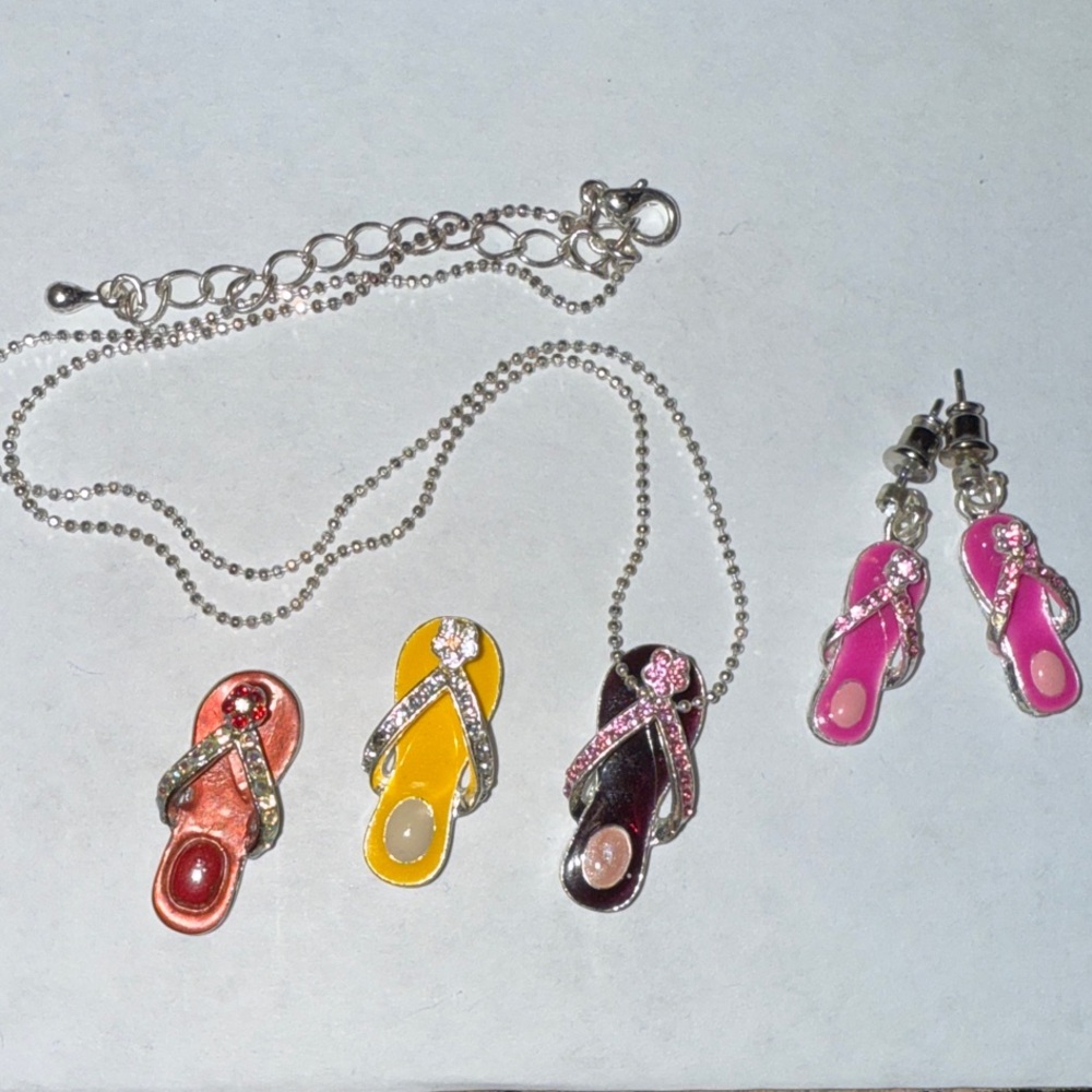 Y2K Flip Flop Necklace & Earrings- Rhinestone Jewelry Set